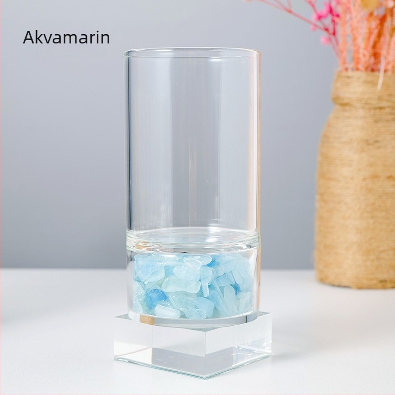 Pahar din sticlă borosilicată cu pulbere naturală de cristal și fragmente roz-alb de ametist, pahar energetic pentru demagnetizare