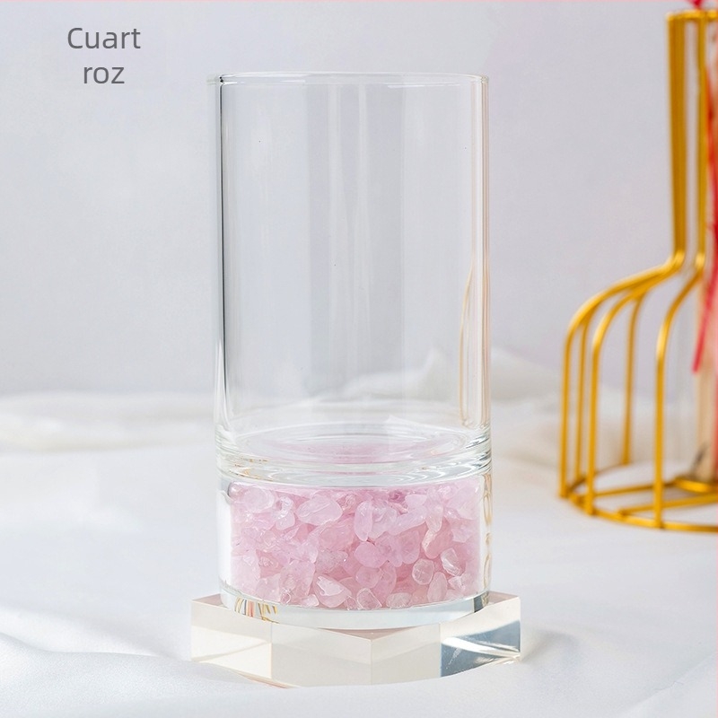 Pahar din sticlă borosilicată cu pulbere naturală de cristal și fragmente roz-alb de ametist, pahar energetic pentru demagnetizare