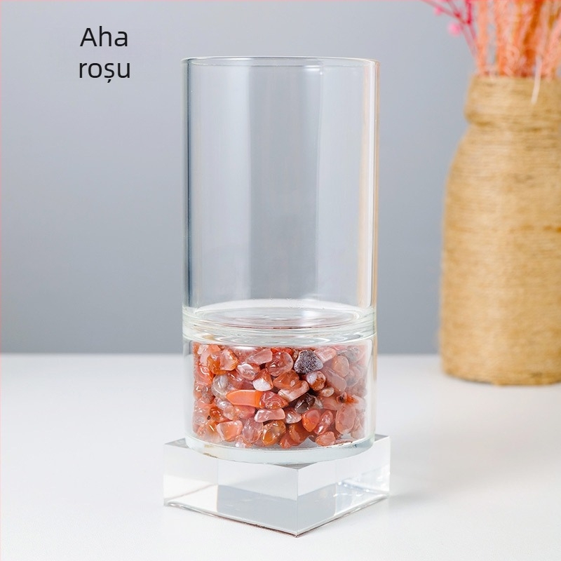 Pahar din sticlă borosilicată cu pulbere naturală de cristal și fragmente roz-alb de ametist, pahar energetic pentru demagnetizare