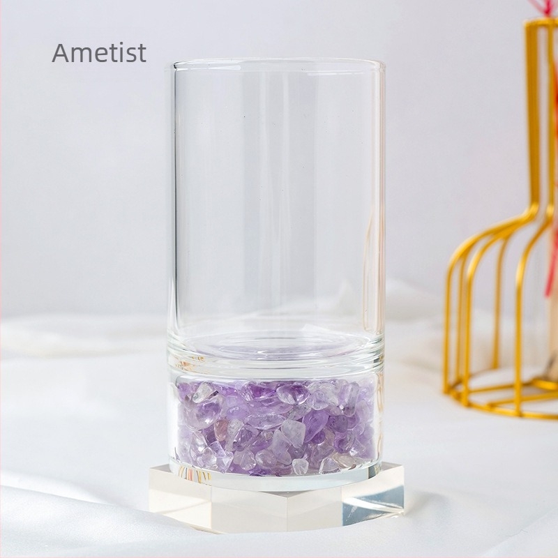 Pahar din sticlă borosilicată cu pulbere naturală de cristal și fragmente roz-alb de ametist, pahar energetic pentru demagnetizare