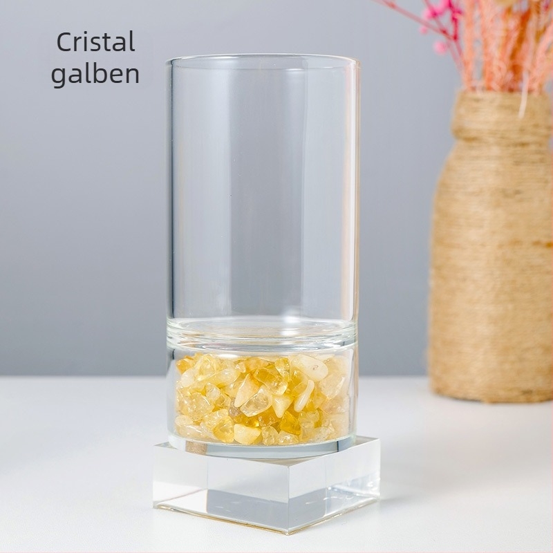 Pahar din sticlă borosilicată cu pulbere naturală de cristal și fragmente roz-alb de ametist, pahar energetic pentru demagnetizare