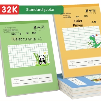Caiet cu grilă pătrată pentru scrierea caracterelor chineze și Pinyin, pentru grădiniță până la gimnaziu, 32K, 50 de pagini, copertă desen animat