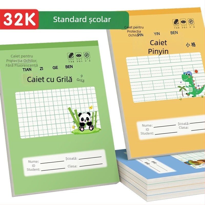 Caiet cu grilă pătrată pentru scrierea caracterelor chineze și Pinyin, pentru grădiniță până la gimnaziu, 32K, 50 de pagini, copertă desen animat