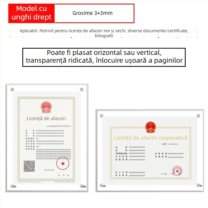 Ramă acrilică pentru certificate și medalii, dimensiuni A4 și A3, afișaj orizontal și vertical, plăcuță de autorizare personalizabilă