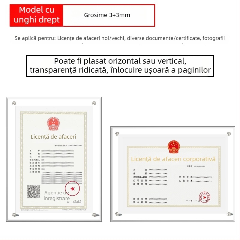 Ramă acrilică pentru certificate și medalii, dimensiuni A4 și A3, afișaj orizontal și vertical, plăcuță de autorizare personalizabilă