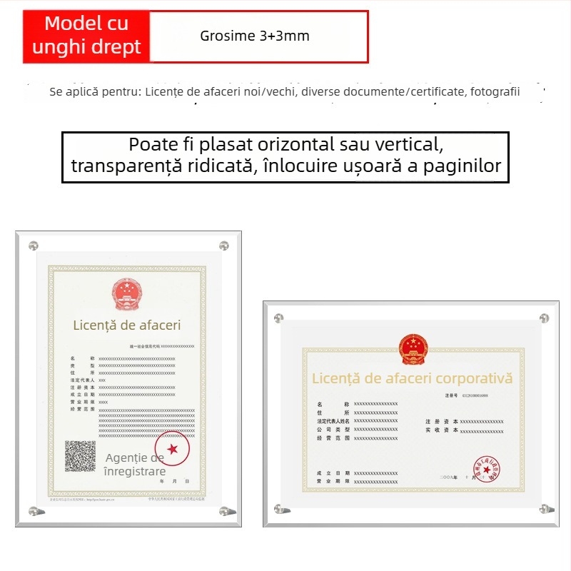 Ramă acrilică pentru certificate și medalii, dimensiuni A4 și A3, afișaj orizontal și vertical, plăcuță de autorizare personalizabilă