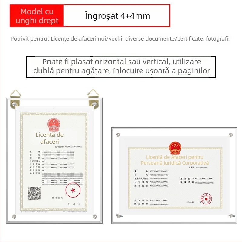 Ramă acrilică pentru certificate și medalii, dimensiuni A4 și A3, afișaj orizontal și vertical, plăcuță de autorizare personalizabilă