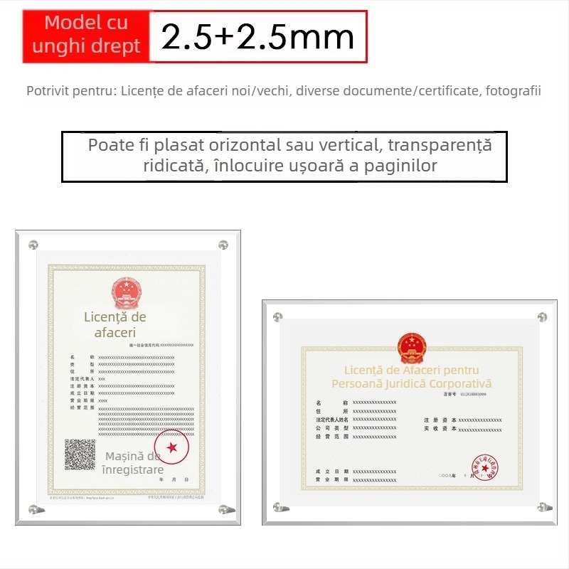 Ramă acrilică pentru certificate și medalii, dimensiuni A4 și A3, afișaj orizontal și vertical, plăcuță de autorizare personalizabilă