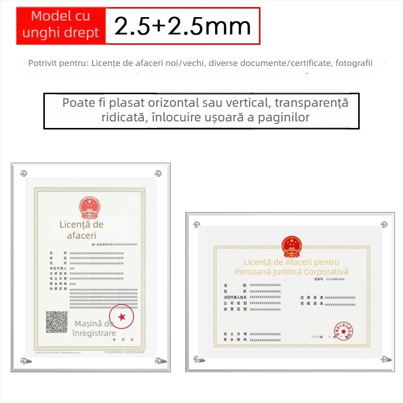 Ramă acrilică pentru certificate și medalii, dimensiuni A4 și A3, afișaj orizontal și vertical, plăcuță de autorizare personalizabilă