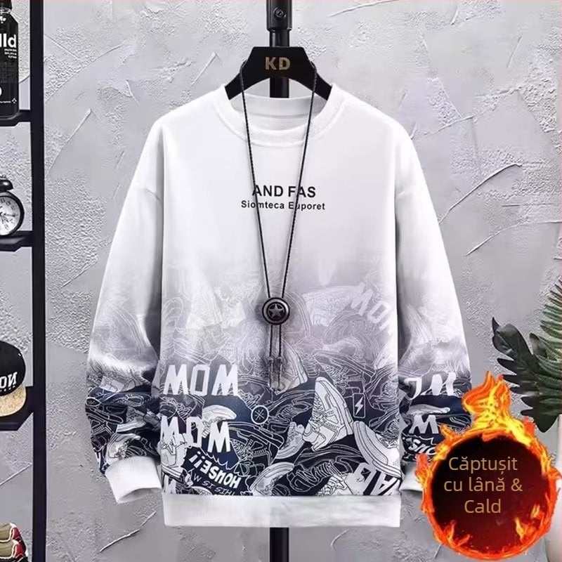 Pulover bărbați toamnă-iarnă din velur fleece, guler rotund, mâneci lungi
