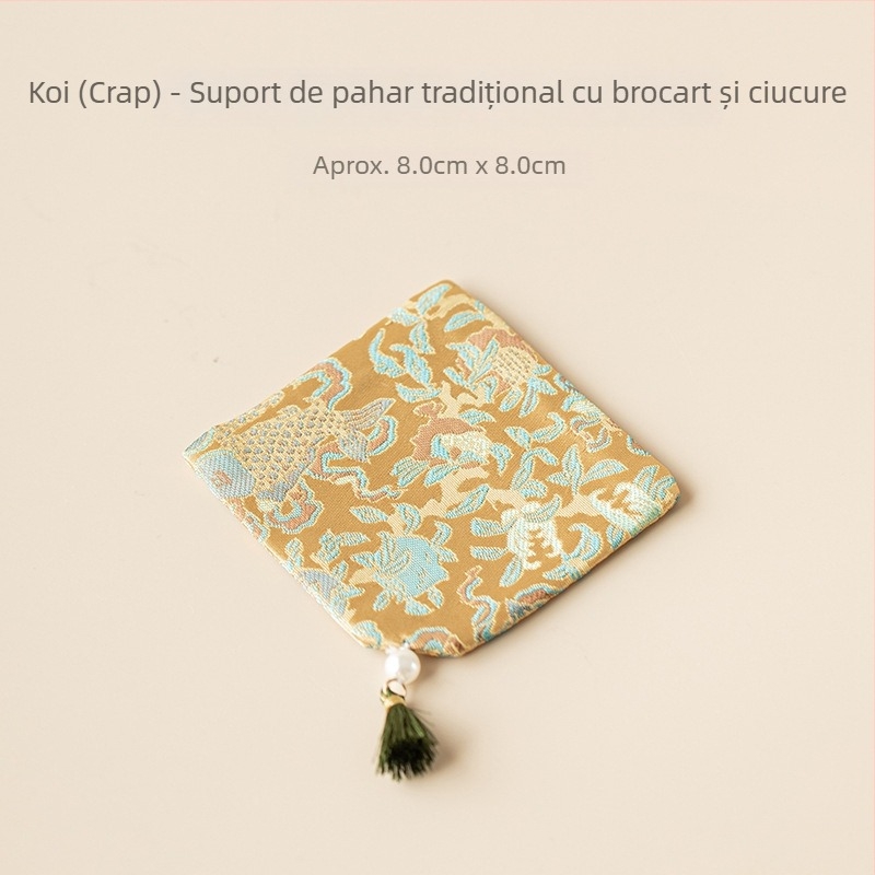 Suport pentru ceai cu broderie brocart în stil chinezesc, suport pătrat de ceai, suport din țesătură pentru ceainic, accesorii set de ceai