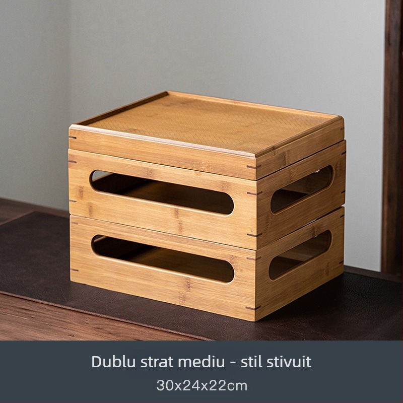 Dulap din bambus, stil chinezesc, cu două etaje pentru depozitare ceaiuri și accesorii, mic dulap de ceai pentru sufragerie
