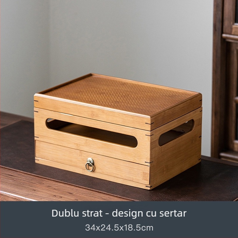 Dulap din bambus, stil chinezesc, cu două etaje pentru depozitare ceaiuri și accesorii, mic dulap de ceai pentru sufragerie