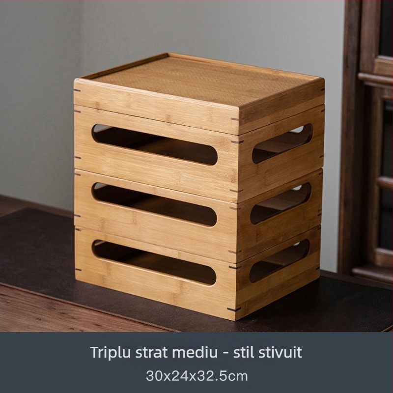 Dulap din bambus, stil chinezesc, cu două etaje pentru depozitare ceaiuri și accesorii, mic dulap de ceai pentru sufragerie
