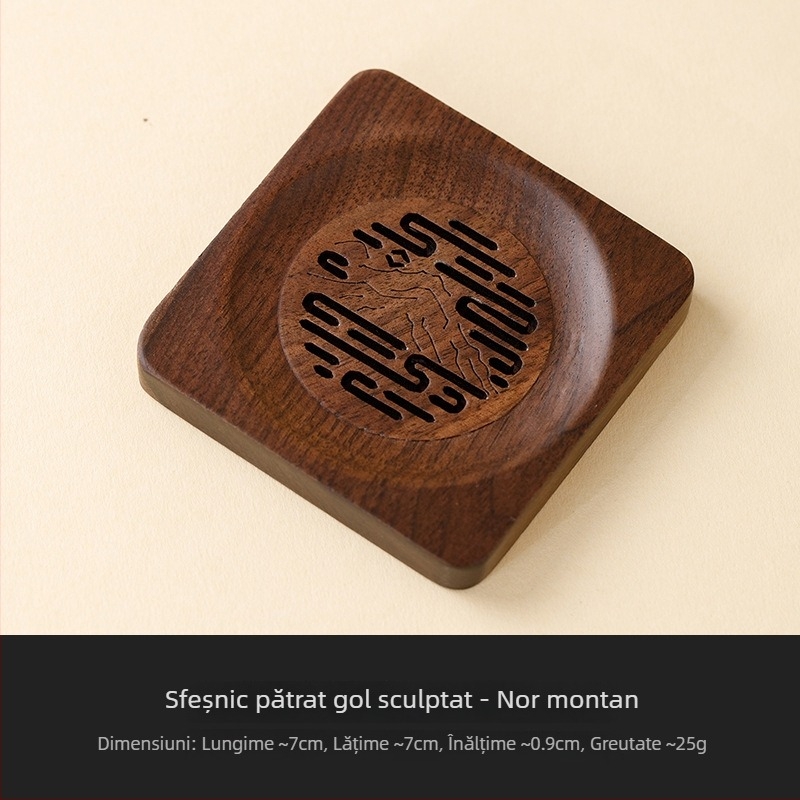Suport pătrat pentru ceai din lemn de nuc și suport pentru ceainic și cești cu model sculptat – accesorii pentru ceremonia ceaiului