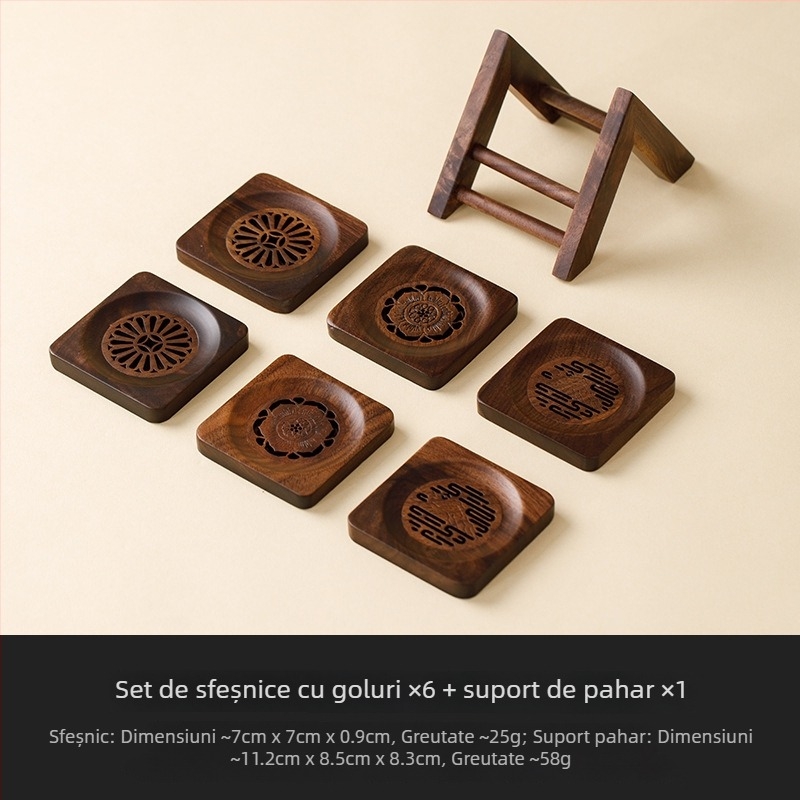 Suport pătrat pentru ceai din lemn de nuc și suport pentru ceainic și cești cu model sculptat – accesorii pentru ceremonia ceaiului