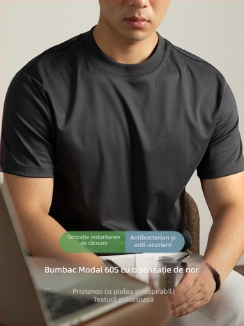 Tricou bărbați cu mâneci scurte din 60S Ice Silk Cloud Modal Cotton, vară 2025, culoare solidă, croială lejeră, guler rotund, respirabil și răcoros