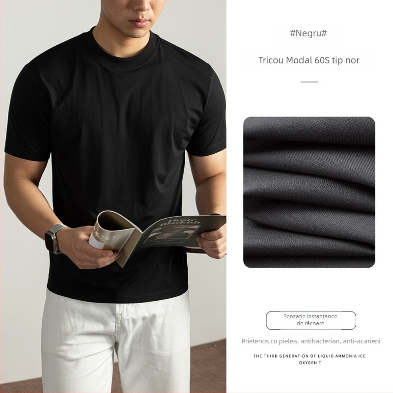 Tricou bărbați cu mâneci scurte din 60S Ice Silk Cloud Modal Cotton, vară 2025, culoare solidă, croială lejeră, guler rotund, respirabil și răcoros