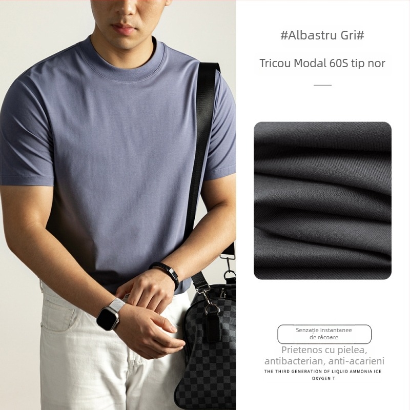 Tricou bărbați cu mâneci scurte din 60S Ice Silk Cloud Modal Cotton, vară 2025, culoare solidă, croială lejeră, guler rotund, respirabil și răcoros