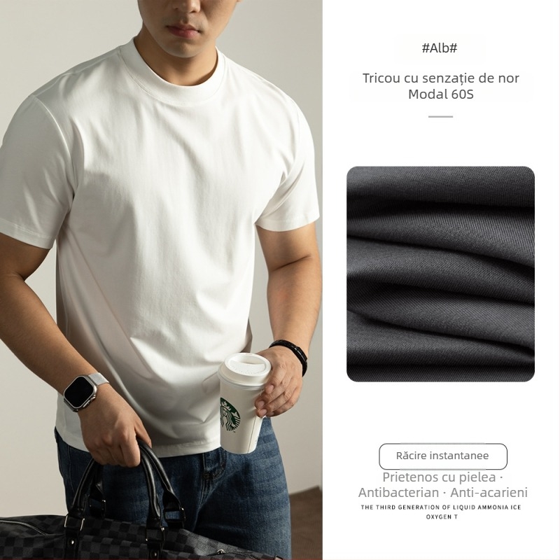 Tricou bărbați cu mâneci scurte din 60S Ice Silk Cloud Modal Cotton, vară 2025, culoare solidă, croială lejeră, guler rotund, respirabil și răcoros