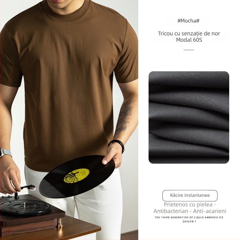 Tricou bărbați cu mâneci scurte din 60S Ice Silk Cloud Modal Cotton, vară 2025, culoare solidă, croială lejeră, guler rotund, respirabil și răcoros