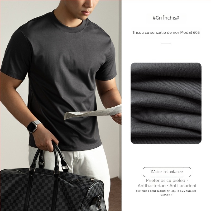 Tricou bărbați cu mâneci scurte din 60S Ice Silk Cloud Modal Cotton, vară 2025, culoare solidă, croială lejeră, guler rotund, respirabil și răcoros