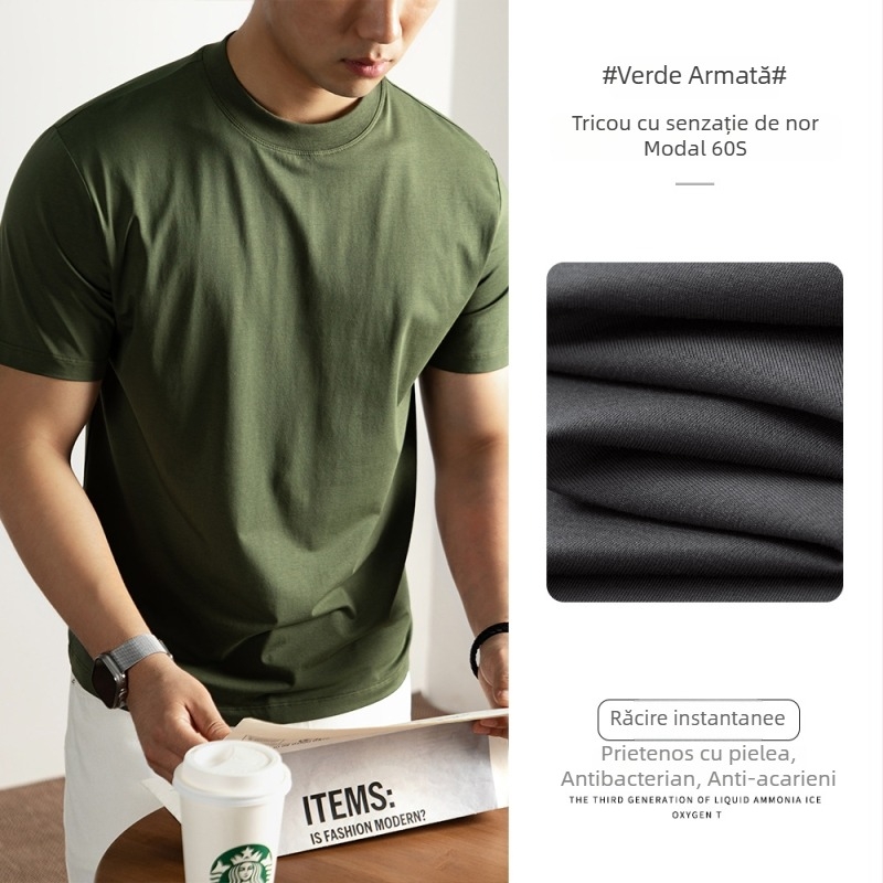 Tricou bărbați cu mâneci scurte din 60S Ice Silk Cloud Modal Cotton, vară 2025, culoare solidă, croială lejeră, guler rotund, respirabil și răcoros