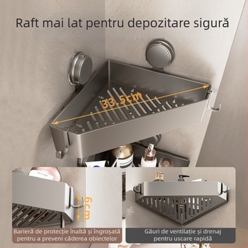 Raft de depozitare pentru baie cu ventuză, montat pe perete, fără găuri, coș triunghiular pentru chiuvetă