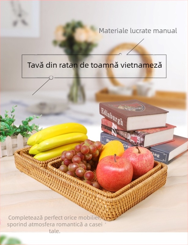 Coș de depozitare din ratan împletit, albastru, pentru fructe, gustări și pâine – organizator de masă pentru sufragerie.