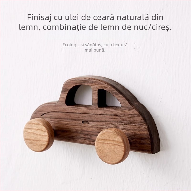 Cuier de perete din lemn, montaj adeziv fără găuri, design drăguț de desene animate, lemn masiv
