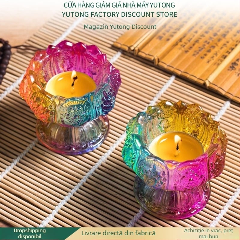 Suport lampă cu lotus din sticlă colorată, finisaj mat-lucios, pentru altarul budist de acasă, ornament lampă cristal Buddha