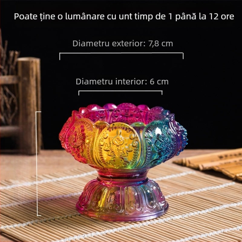 Suport lampă cu lotus din sticlă colorată, finisaj mat-lucios, pentru altarul budist de acasă, ornament lampă cristal Buddha