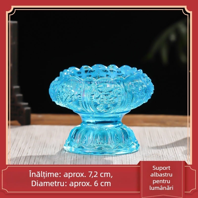Suport lampă cu lotus din sticlă colorată, finisaj mat-lucios, pentru altarul budist de acasă, ornament lampă cristal Buddha