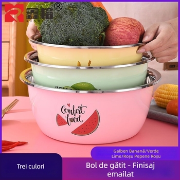 Set de trei boluri din oțel inoxidabil, finisaj color, pentru spălat fructe și legume; include oală de supă și bol pentru bătut ouă