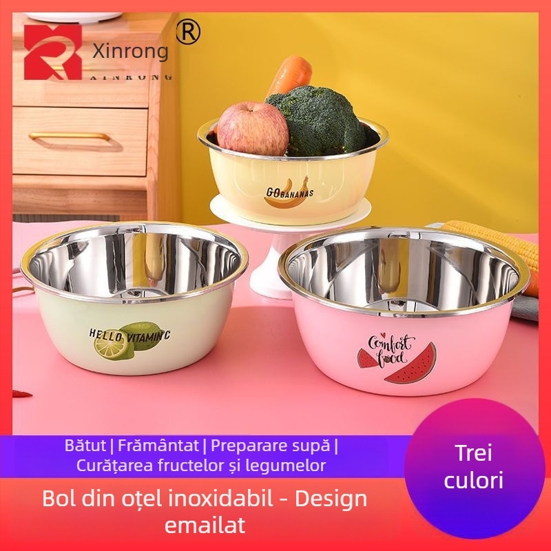 Set de trei boluri din oțel inoxidabil, finisaj color, pentru spălat fructe și legume; include oală de supă și bol pentru bătut ouă