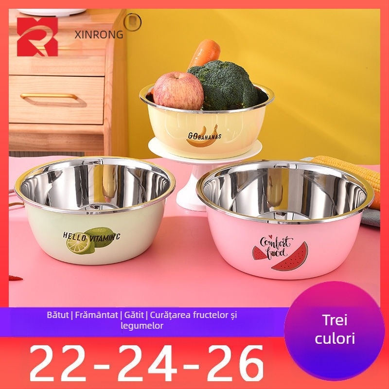 Set de trei boluri din oțel inoxidabil, finisaj color, pentru spălat fructe și legume; include oală de supă și bol pentru bătut ouă