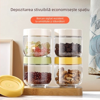 Recipient rotund din sticlă sigilat – depozitare pentru alimente, cereale, nuci și condimente, rezistent la umezeală