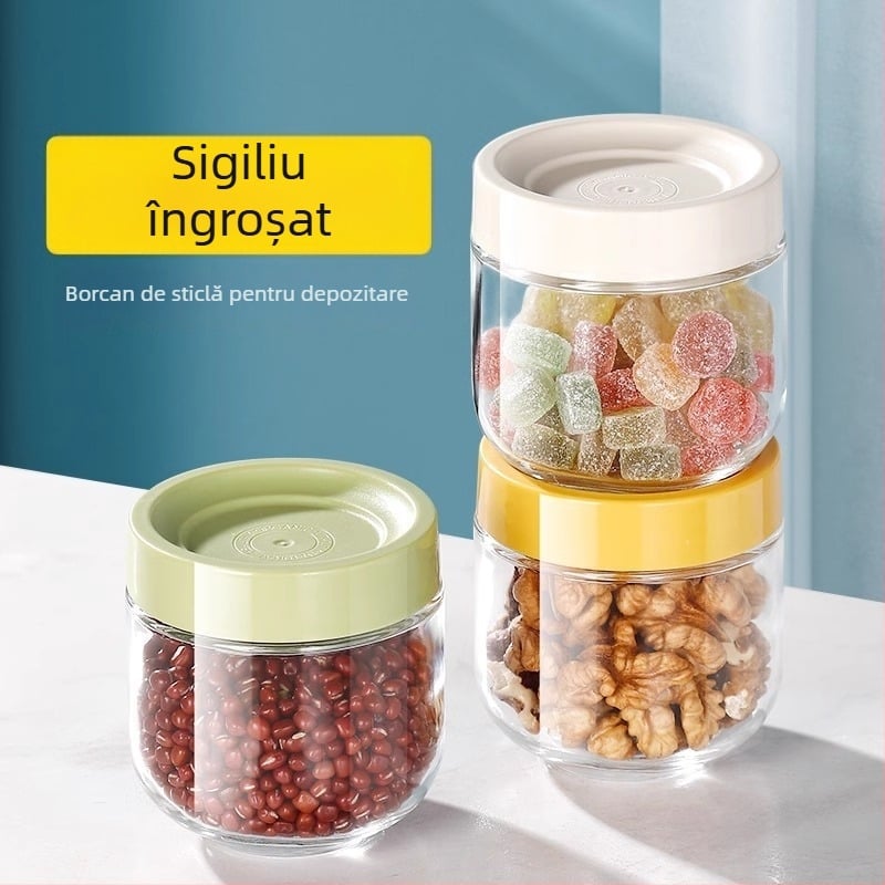 Recipient rotund din sticlă sigilat – depozitare pentru alimente, cereale, nuci și condimente, rezistent la umezeală