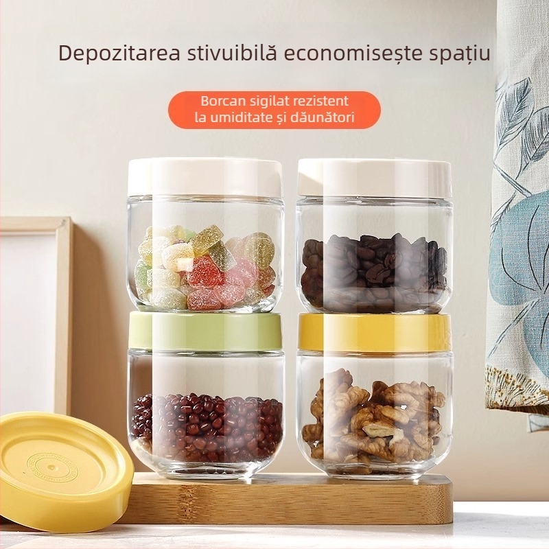 Recipient rotund din sticlă sigilat – depozitare pentru alimente, cereale, nuci și condimente, rezistent la umezeală