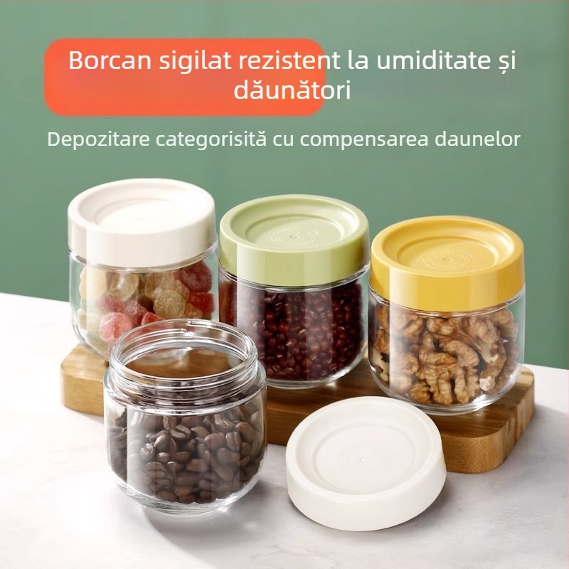Recipient rotund din sticlă sigilat – depozitare pentru alimente, cereale, nuci și condimente, rezistent la umezeală