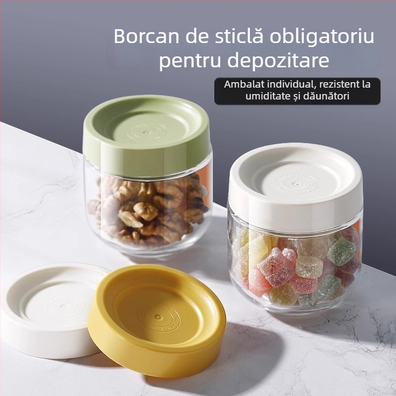 Recipient rotund din sticlă sigilat – depozitare pentru alimente, cereale, nuci și condimente, rezistent la umezeală