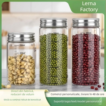 Recipient din sticlă borosilicată sigilat cu capac din oțel inoxidabil 304, pentru depozitare în bucătărie a cerealelor, formă rotundă, 800–1000 ml, potrivit pentru microunde, stil modern minimalist
