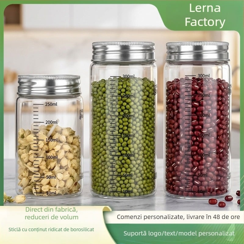 Recipient din sticlă borosilicată sigilat cu capac din oțel inoxidabil 304, pentru depozitare în bucătărie a cerealelor, formă rotundă, 800–1000 ml, potrivit pentru microunde, stil modern minimalist