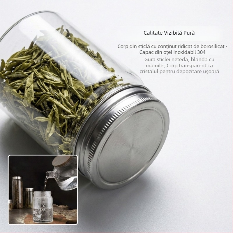 Recipient din sticlă borosilicată sigilat cu capac din oțel inoxidabil 304, pentru depozitare în bucătărie a cerealelor, formă rotundă, 800–1000 ml, potrivit pentru microunde, stil modern minimalist