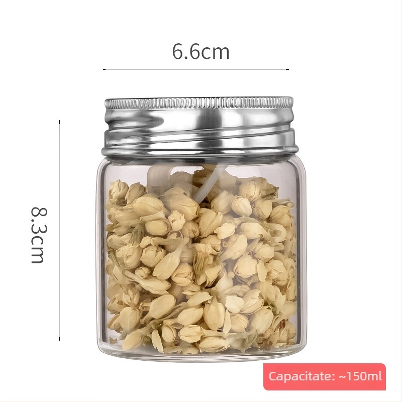 Recipient din sticlă borosilicată sigilat cu capac din oțel inoxidabil 304, pentru depozitare în bucătărie a cerealelor, formă rotundă, 800–1000 ml, potrivit pentru microunde, stil modern minimalist