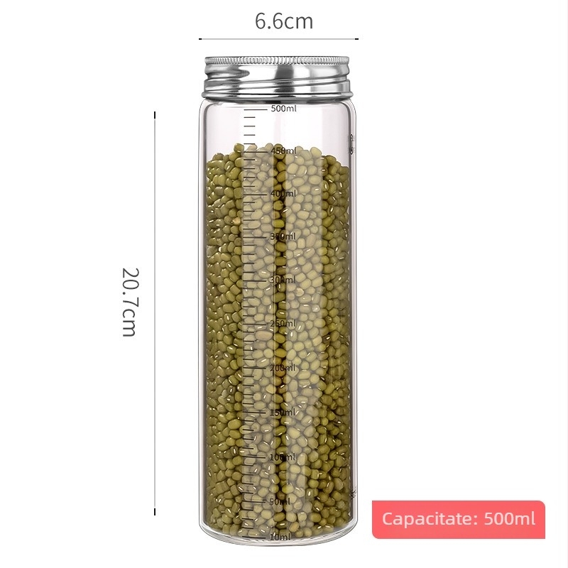 Recipient din sticlă borosilicată sigilat cu capac din oțel inoxidabil 304, pentru depozitare în bucătărie a cerealelor, formă rotundă, 800–1000 ml, potrivit pentru microunde, stil modern minimalist