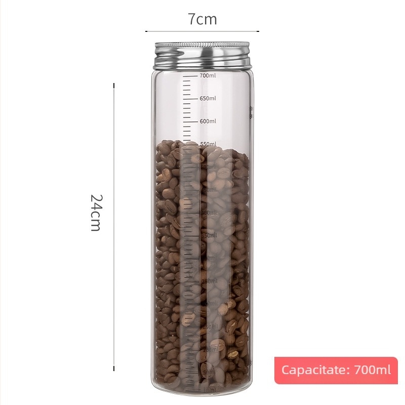 Recipient din sticlă borosilicată sigilat cu capac din oțel inoxidabil 304, pentru depozitare în bucătărie a cerealelor, formă rotundă, 800–1000 ml, potrivit pentru microunde, stil modern minimalist
