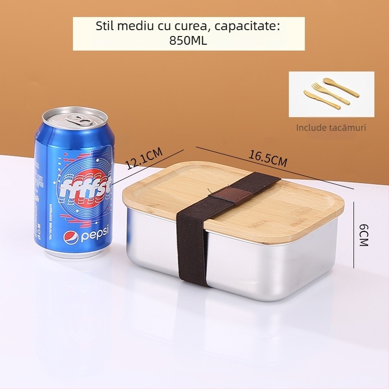 Cutie pentru prânz din oțel inoxidabil 304, stil japonez, formă pătrată dreptunghiulară, capac din bambus, etanș cu garnitură din silicon, include tacâmuri din bambus