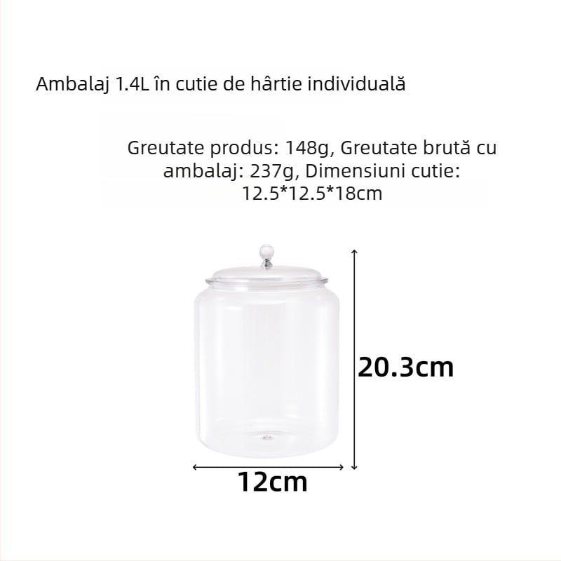 Recipient transparent din plastic, cu etanșare, pentru cereale, ceai, coji uscate de portocale, produse uscate și nuci