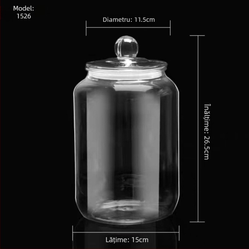 Borcan plastic transparent, închis ermetic, îngroșat, 800–1000 ml, pentru depozitarea plantelor medicinale uscate și a altor produse uscate.